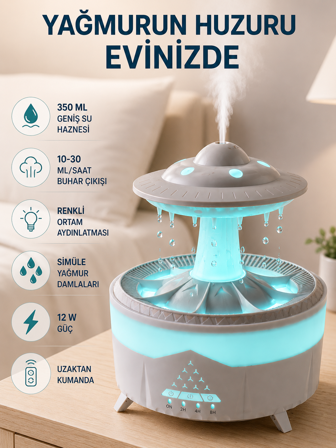 RGB Işıklı Yağmur Efektli Hava Nemlendirici 350 ML Sessiz Çalışma Uzaktan Kumanda