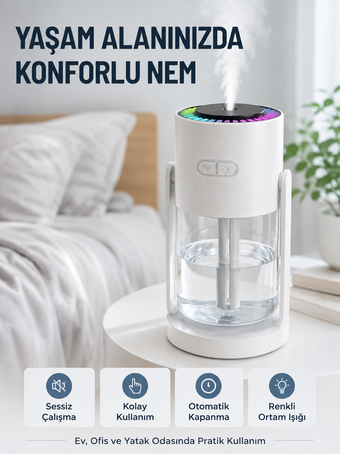 Ultrasonik Hava Nemlendirici Renkli LED Işıklı Sessiz Oda Nemlendirme Cihazı