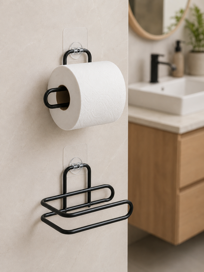 2’li Siyah Metal Rulo Kağıt Tutucu Yapışkanlı Banyo ve Mutfak Kağıtlık