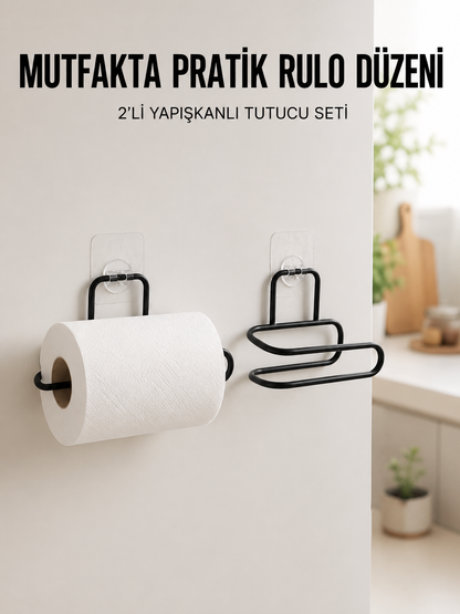 2’li Siyah Metal Rulo Kağıt Tutucu Yapışkanlı Banyo ve Mutfak Kağıtlık