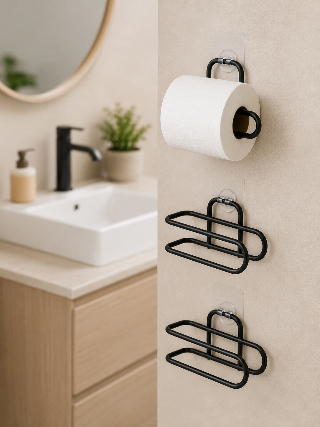 3’lü Yapışkanlı WC Kağıtlığı Siyah Rulo Tutucu Banyo ve Mutfak Kullanımı