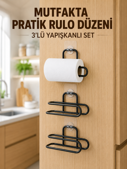 3’lü Yapışkanlı WC Kağıtlığı Siyah Rulo Tutucu Banyo ve Mutfak Kullanımı