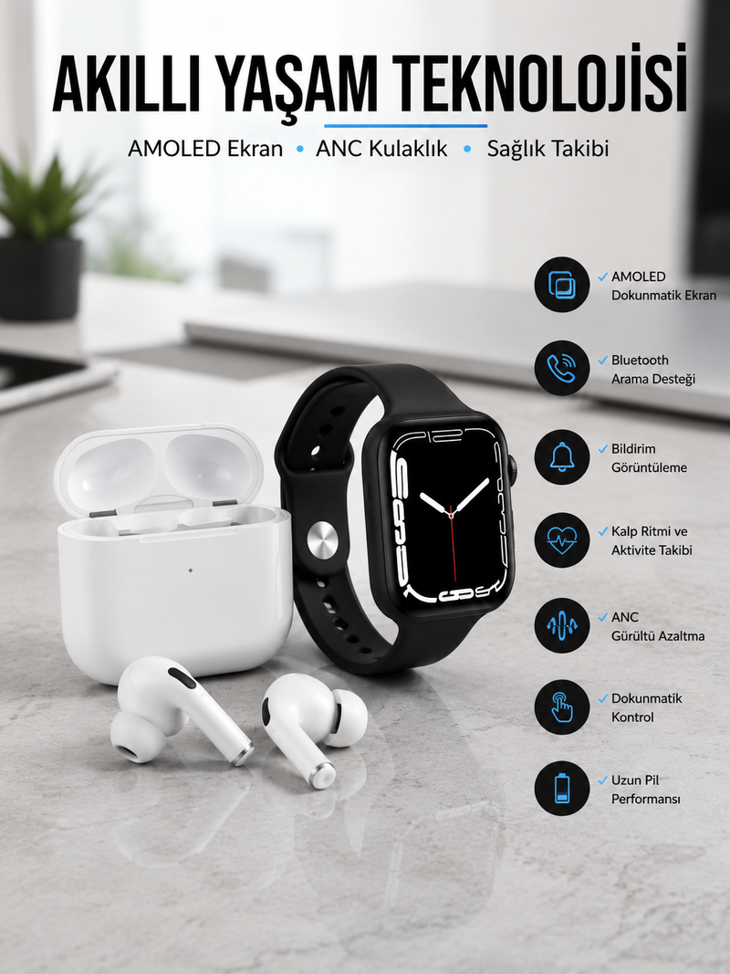 2025 Model Akıllı Saat ve Yeni Nesil Pro Bluetooth Kulaklık TWS Yüksek Ses Kaliteli