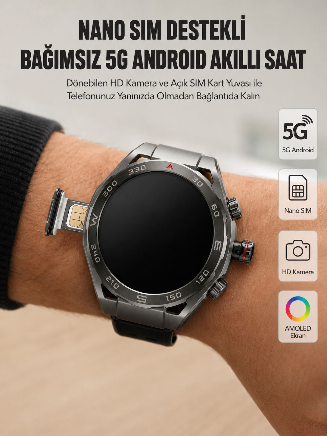 Kameralı 5G Android Akıllı Saat AMOLED Ekran Wi-Fi GPS SIM Kart Destekli