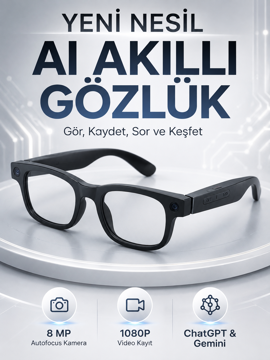 Akıllı Gözlük 8 MP Kameralı 1080P Video Kayıt WiFi Bağlantılı Çift Mikrofonlu Gürültü Engelleme Özellikli