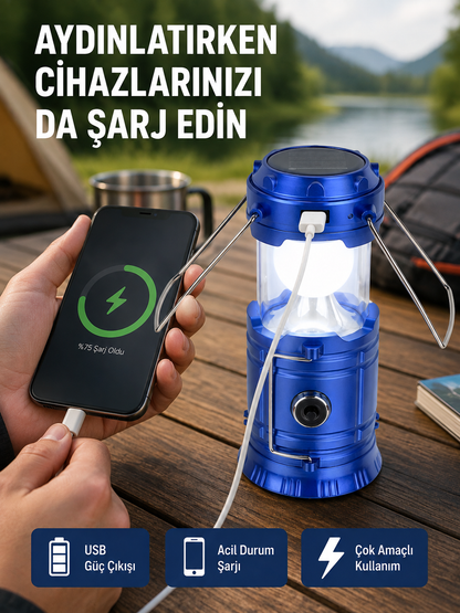 Güneş Enerjili Katlanabilir Kamp Feneri – USB Şarjlı, Hafif ve Çok Fonksiyonlu