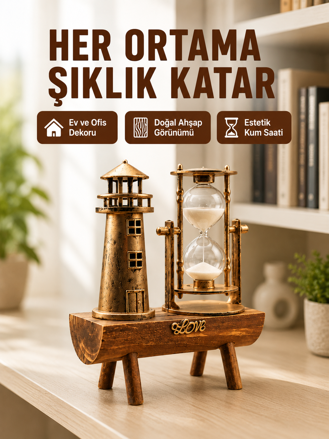 Ahşap Kum Saati ve Deniz Feneri Figürü Bir Arada Ev Ofis Dekorasyonu Yeni Nesil