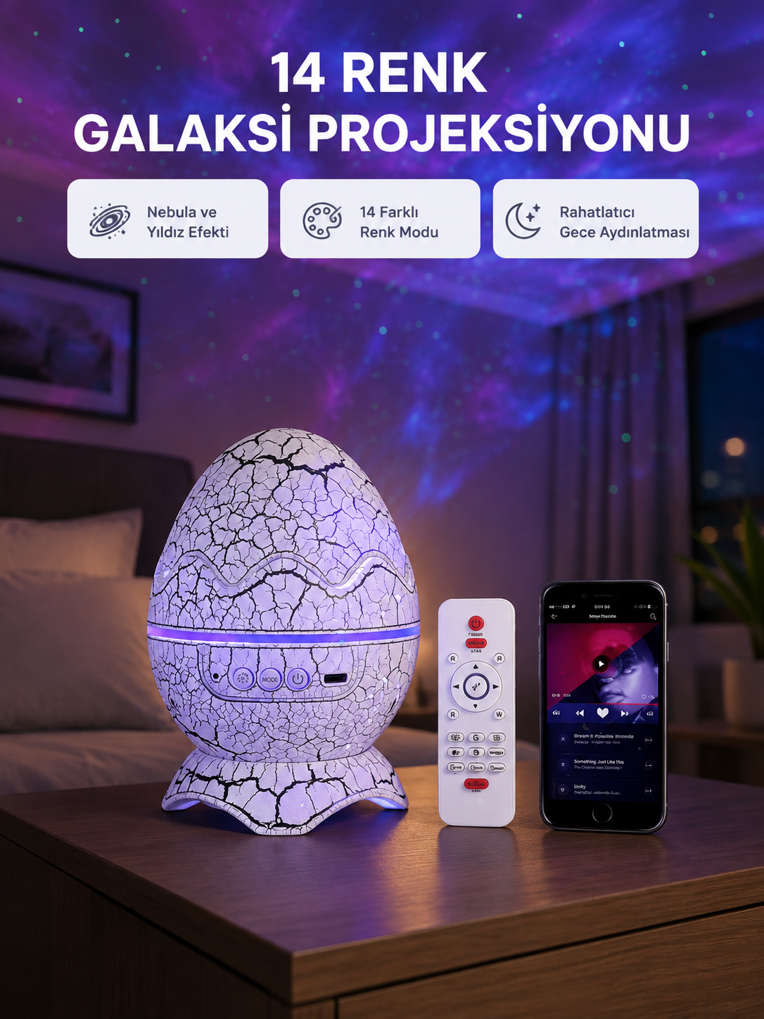 Yıldızlı Gökyüzü Dinozor Yumurta Projektör – Ayarlanabilir Parlaklık ve Hız