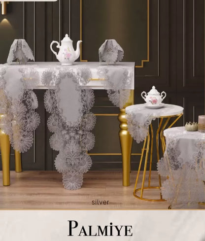 Keten Palmiye Model Gri 7 Parça Masa Örtüsü Runner Seti Modern Salon Takımı