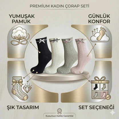 Kadın Fiyonklu Örgü Soket Çorap 8'li Set - Yumuşak Pamuklu Dokulu Şık Günlük Çorap