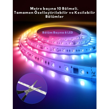 Kesilebilir LED Şerit Işık 5 Metre, Uygulama ile Kontrol Edilebilir RGB Özelliği