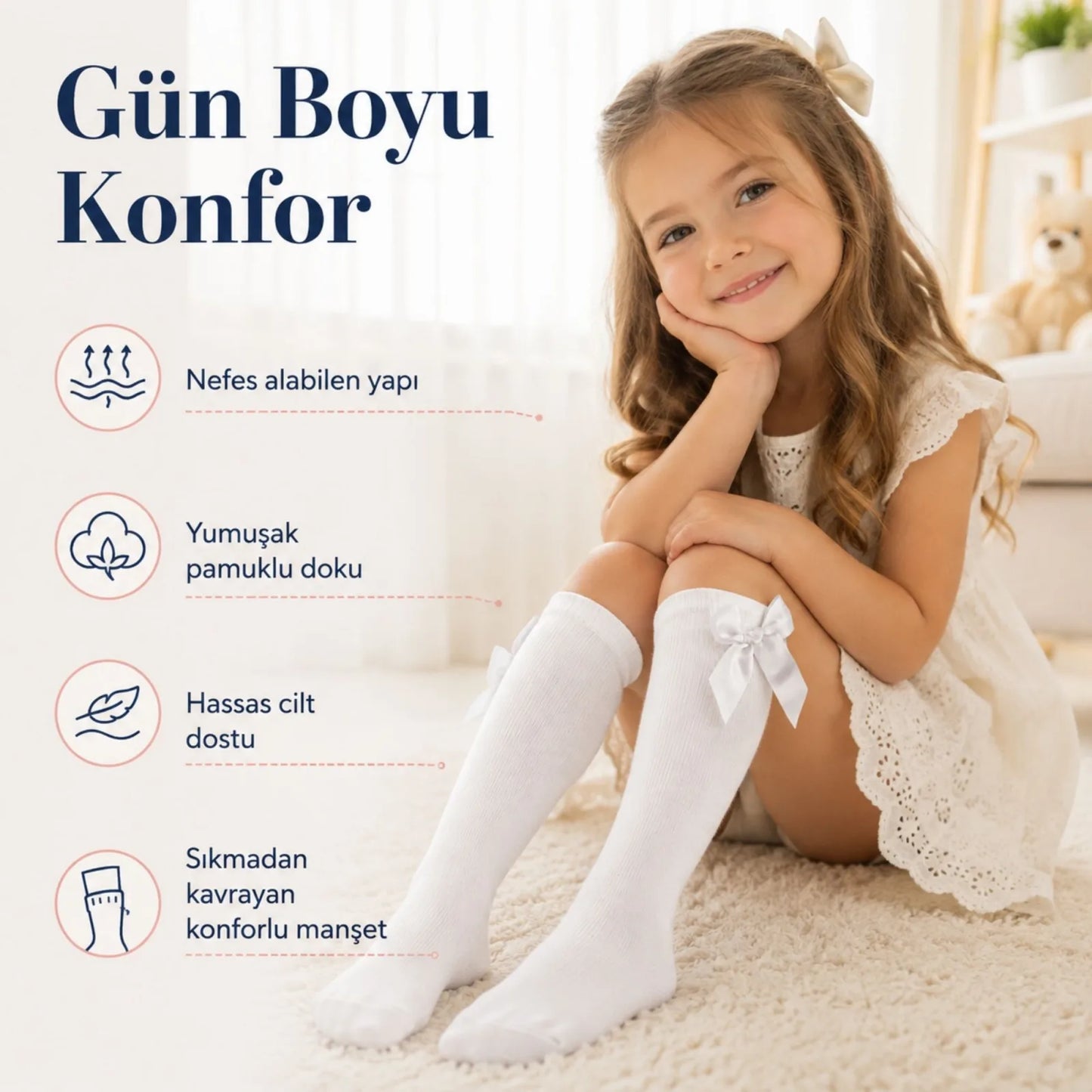 Kız Çocuk Beyaz Kurdeleli Diz Altı Çorap, Pamuklu Okul Bale ve Özel Gün Çorabı
