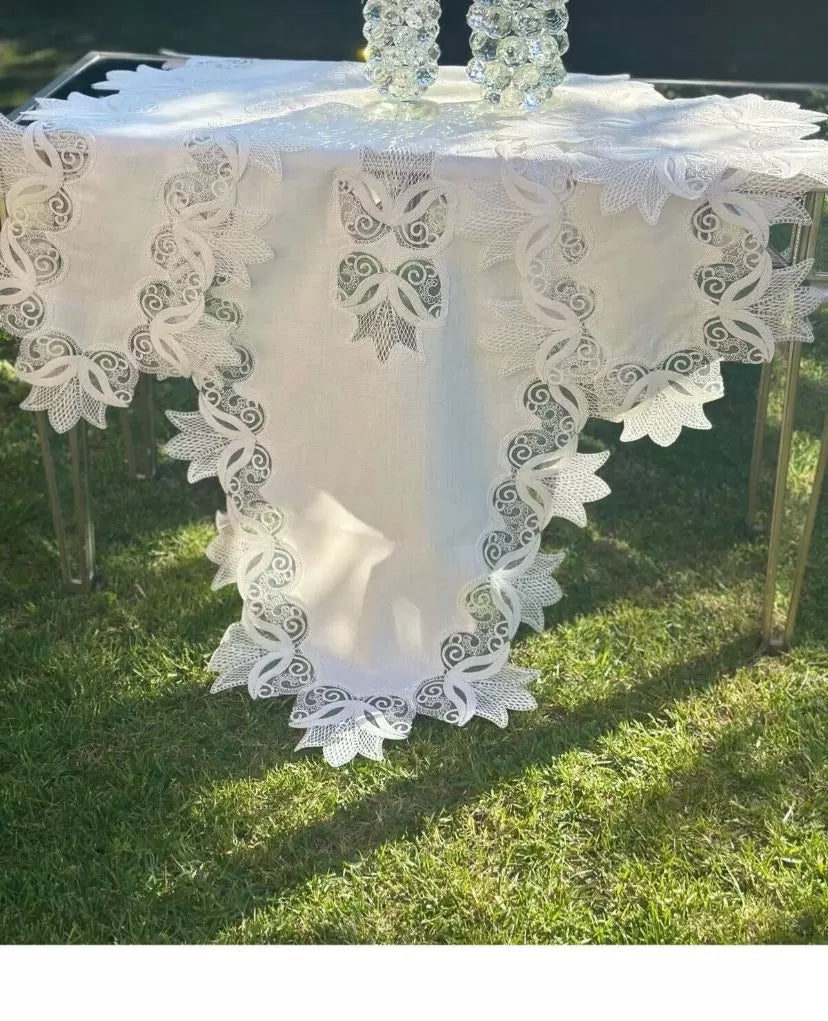 Çeyizlik Kayla Model Krem-Krem 5 Parça Keten Runner Seti Masa Örtüsü No 2323