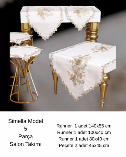 Simella Model Krem-Kapiçino Çeyizlik Nakış İşlemeli Masa Örtüsü Runner Seti Salon Takımı