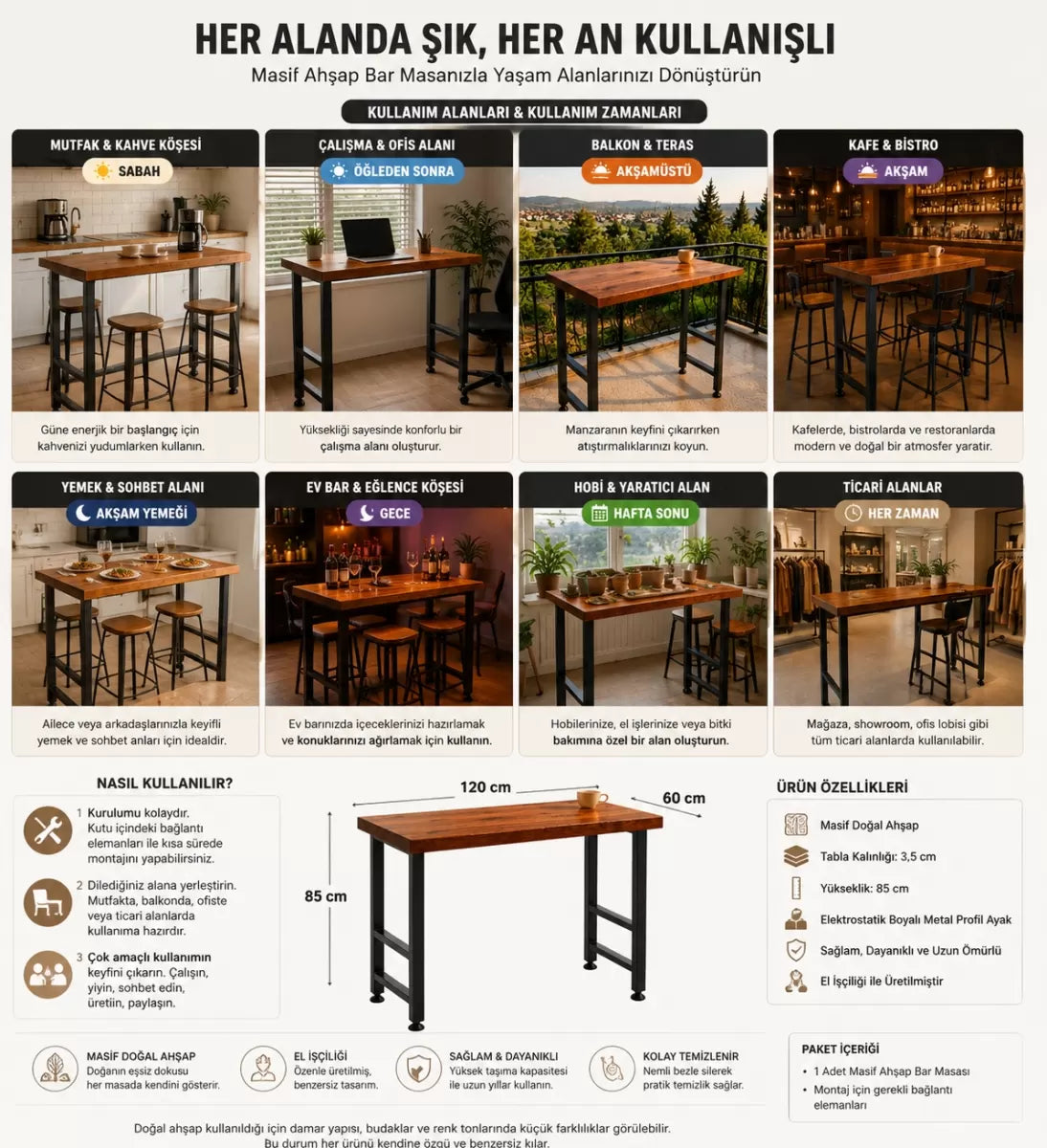 Masif Bar Masası 85 cm Yüksek Metal Profil Ayaklı Mutfak Yemek Kafe Bistro Çalışma 40x140