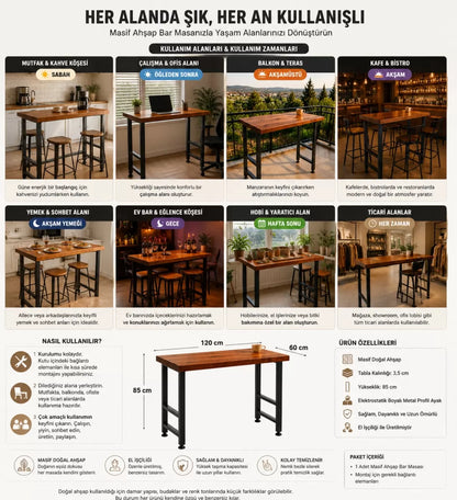 Masif Bar Masası 85 cm Yüksek Metal Profil Ayaklı Mutfak Yemek Kafe Bistro Çalışma 40x140
