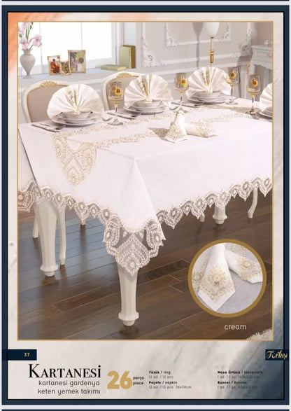 Gardenya Keten Kartanesi Krem 26 Parça 160 × 220 cm Masa Takımı Seti