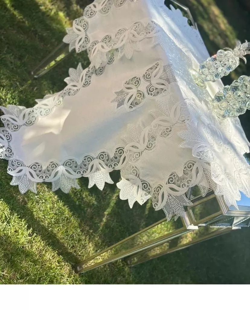 Çeyizlik Kayla Model Krem-Krem 5 Parça Keten Runner Seti Masa Örtüsü No 2323