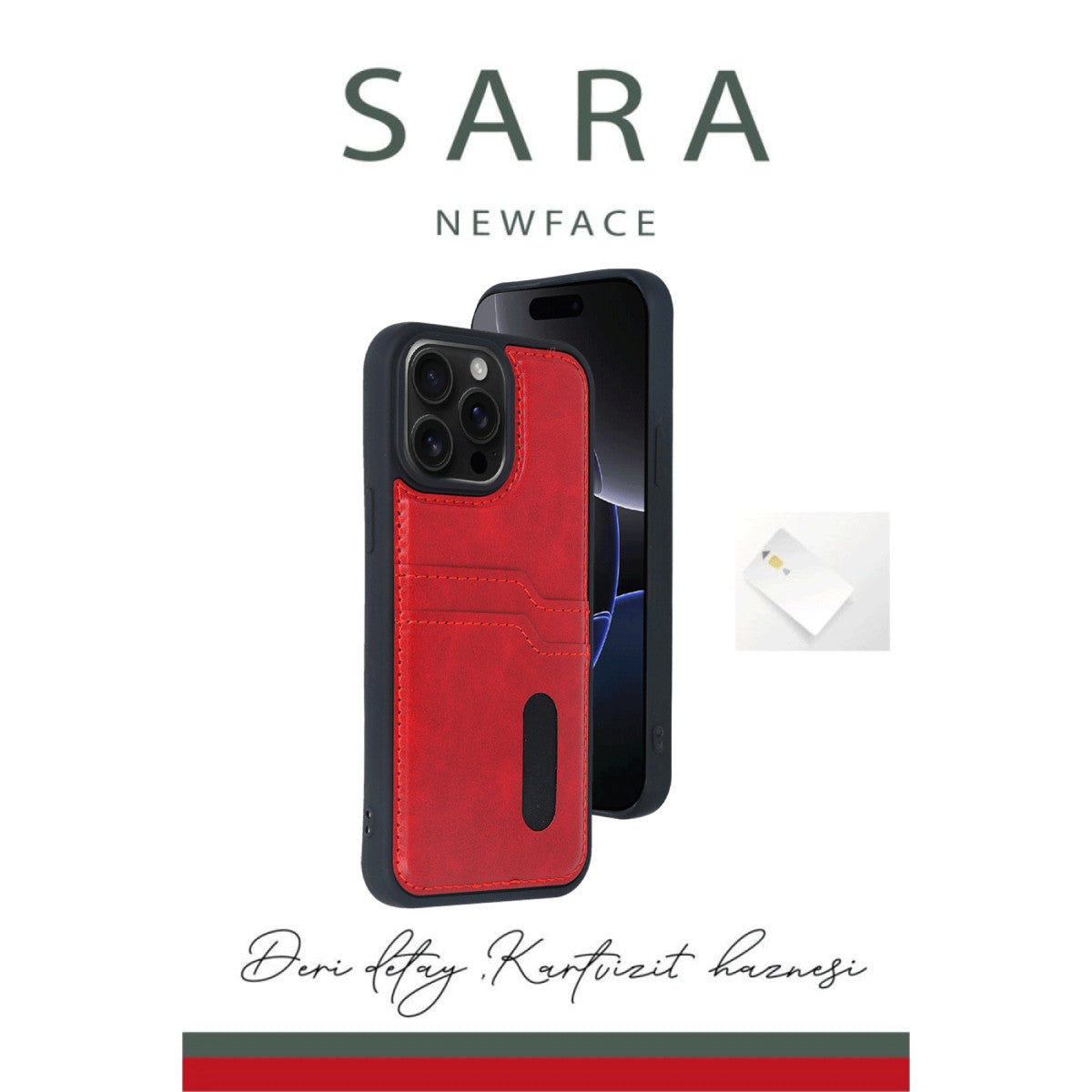 iPhone 16 Kılıf Sara Kartvizitli Deri Kılıf - Koyu Yeşil
