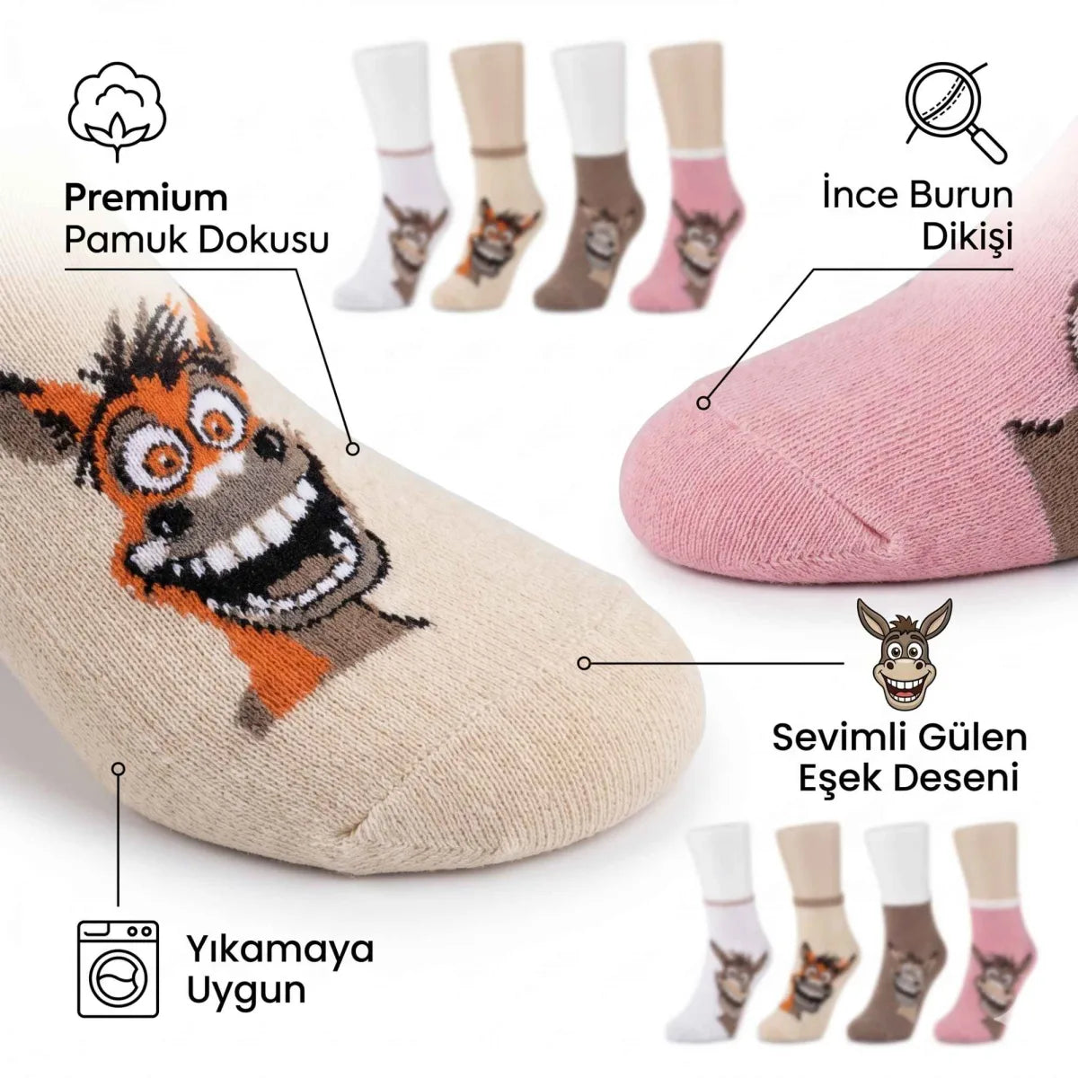 Kadın Gülen Eşek Desenli Çorap 4'lü - Pamuklu, Eğlenceli ve Yumuşak Soket Çorap 36-40