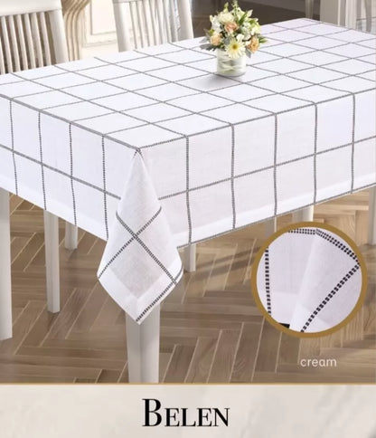 Belen Model Krem 155x260 cm Çeyizlik Keten Tek Masa Örtüsü Dekoratif Tasarım