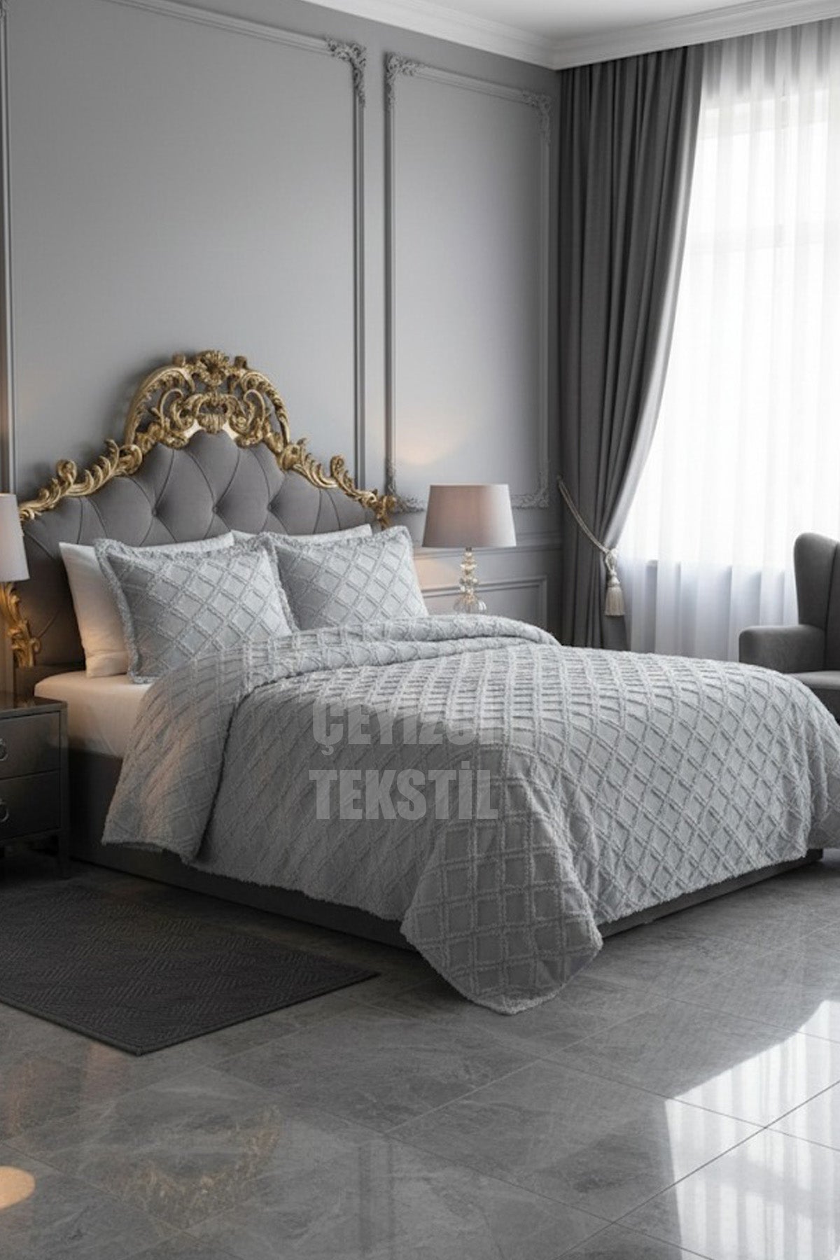 Çift Kişilik Yatak Örtüsü Gri 3 Parça Yatak Örtüsü Bedspread