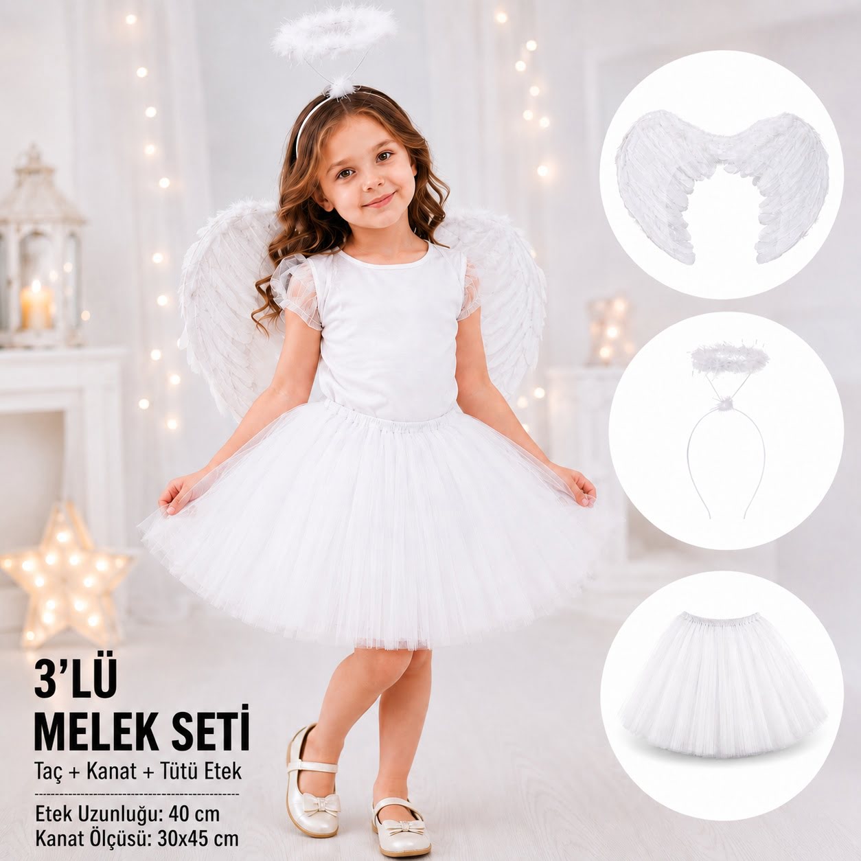 Çocuk Beyaz Melek Kostüm Seti? Melek Kanadı, Taç ve Tütü Etek 3?lü Set