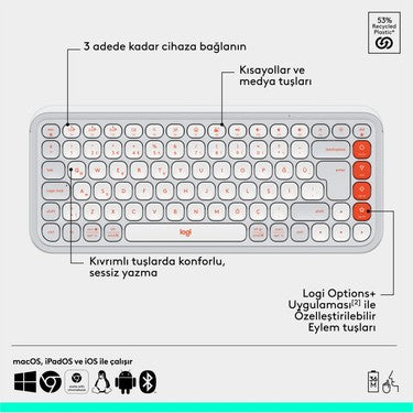 Logitech Pop Icon Kablosuz Bluetooth Sessiz Türkçe Q Klavye ve Mouse Seti