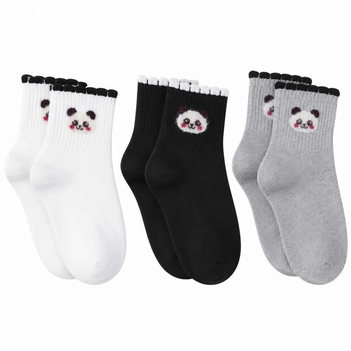 Kadın Panda Desenli Kısa Konç Çorap 3'lü Paket, %80 Pamuklu Dikişsiz Burun, Nefes Alan Yumuşak Bilek Çorabı, Siyah Beyaz Gri