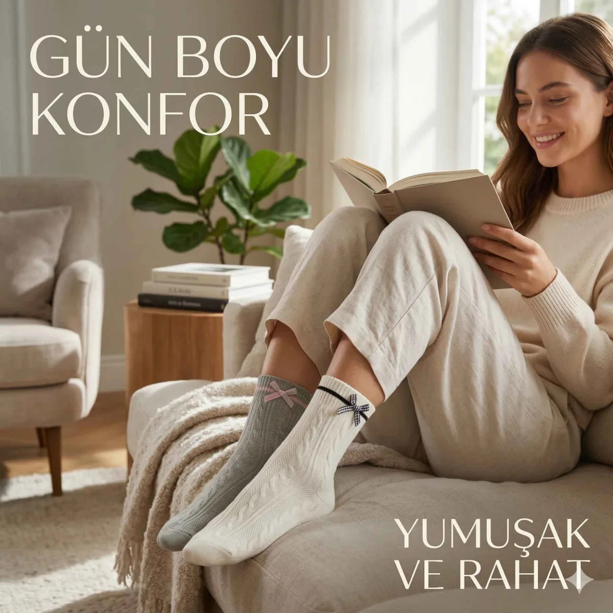 Kadın Fiyonklu Örgü Soket Çorap 4'lü Set - Yumuşak Pamuklu Dokulu Şık Günlük Çorap