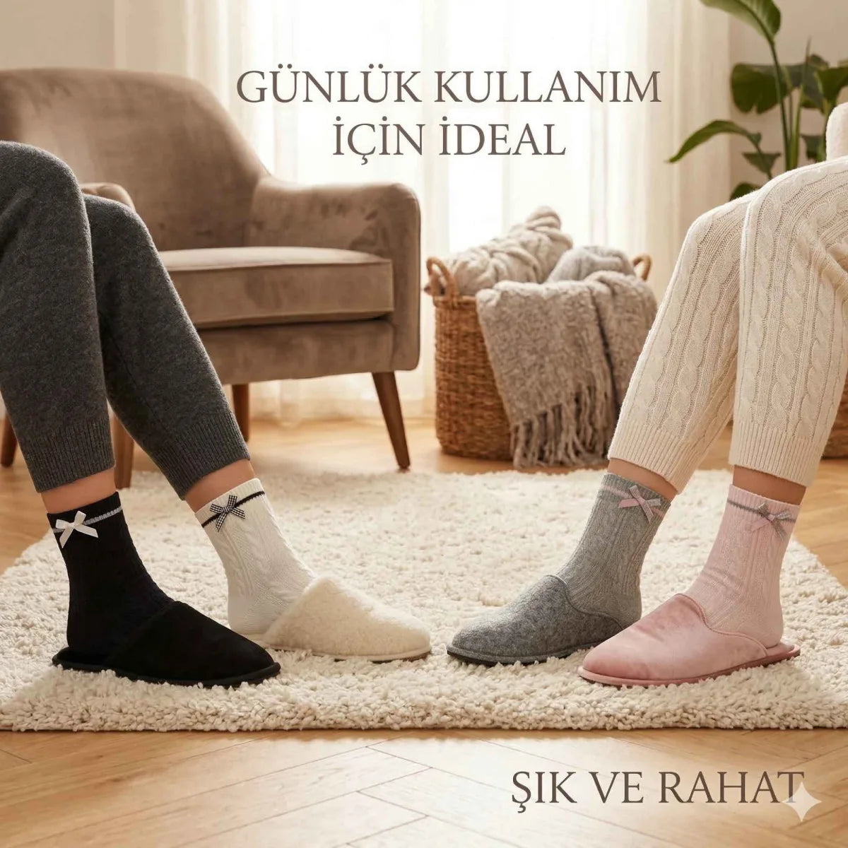 Kadın Fiyonklu Örgü Soket Çorap 4'lü Set - Yumuşak Pamuklu Dokulu Şık Günlük Çorap