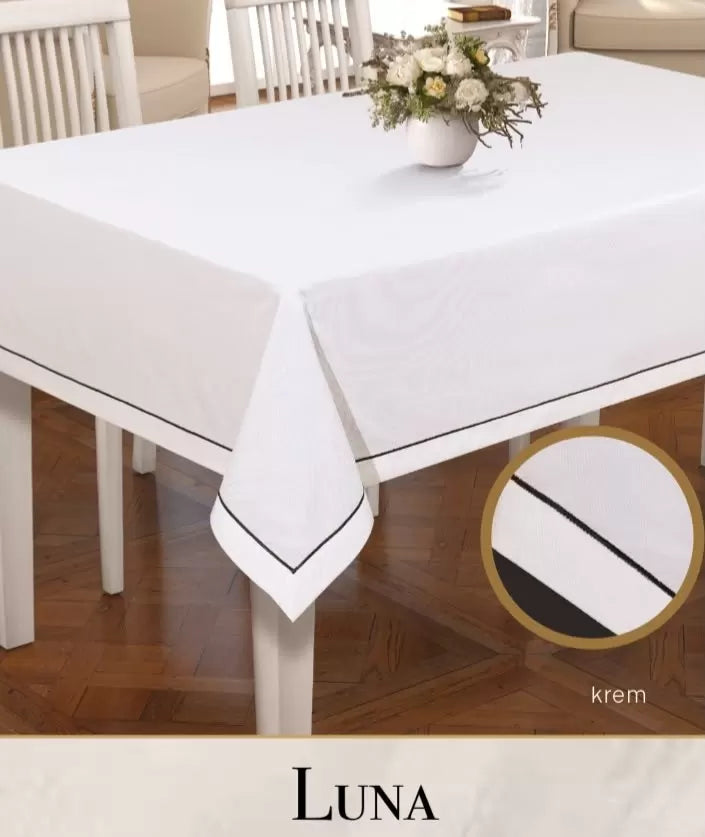 Luna Model Krem 160x220 cm Keten Masa Örtüsü Zarif Yemek Masası Dekoru