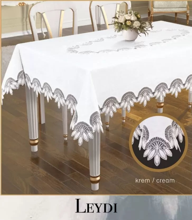 Leydi Model Krem 160x260 cm Gardenya Keten Çeyizlik Masa Örtüsü Şık Yemek Masası Dekoru