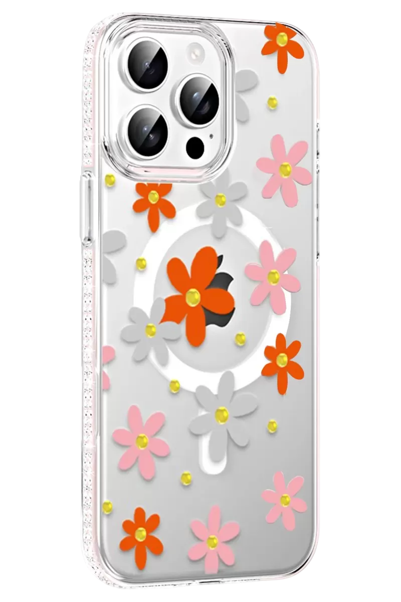 iPhone 14 Pro Max Floral Magsafe Kapak - Turuncu