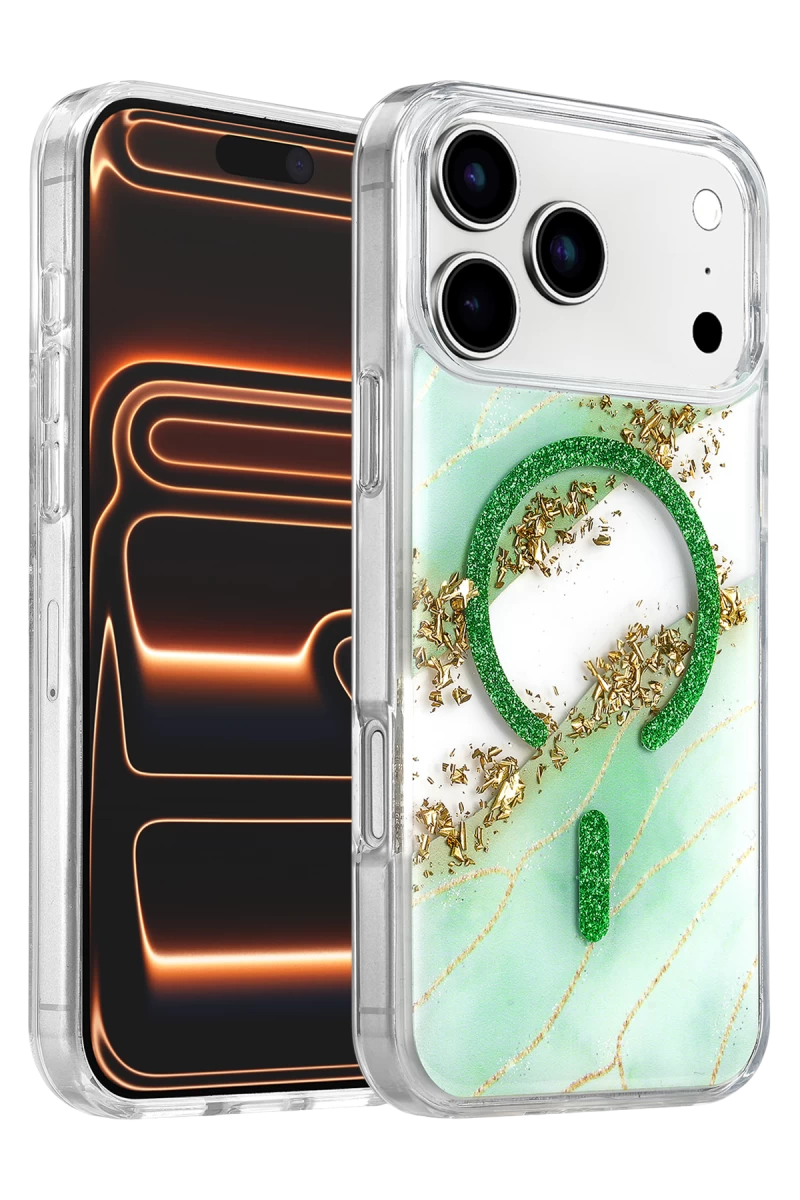Onegif iPhone 17 Pro Lotus Simli Magsafe Kapak - Yeşil