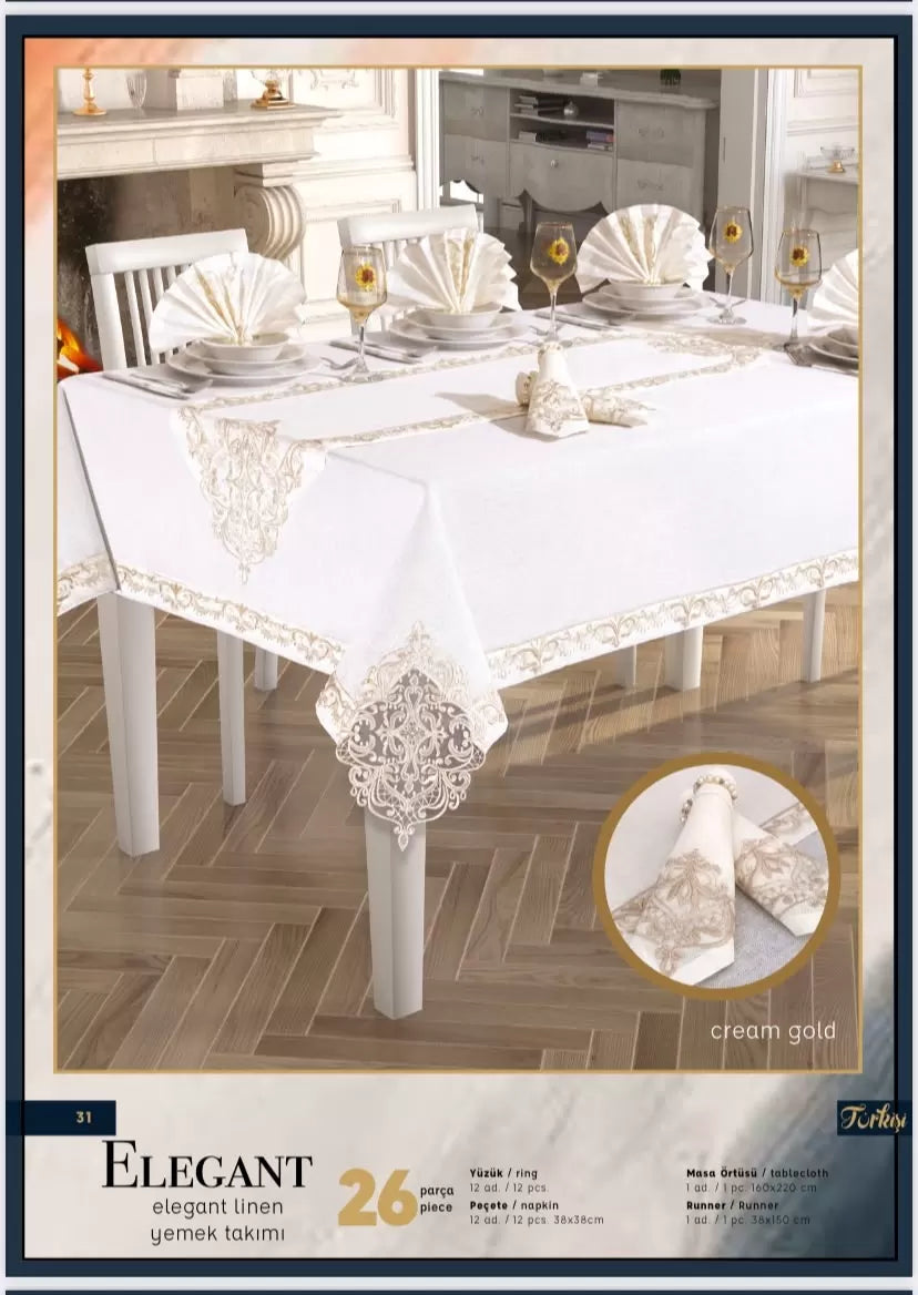 26 Parça Elegant Linen Krem-Gold 12 Kişilik Şık Çeyizlik Masa Takımı 160 × 260 cm Runner