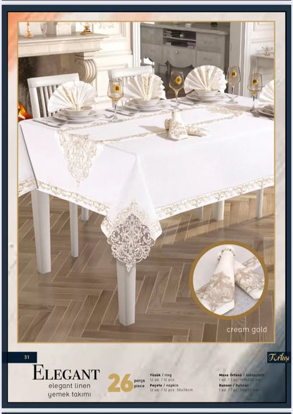 26 Parça Elegant Linen Krem-Gold 12 Kişilik Şık Çeyizlik Masa Takımı 160 × 260 cm Runner