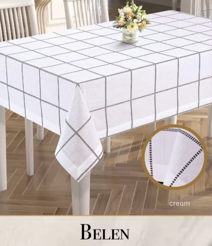 Belen Model Krem 155x260 cm Çeyizlik Keten Tek Masa Örtüsü Dekoratif Tasarım