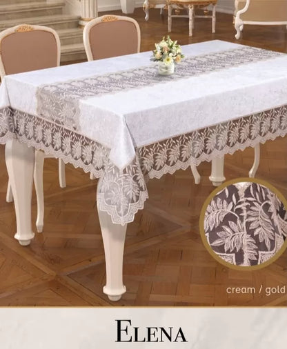 Keten İşlemeli Masa Örtüsü 160x260 cm Dantelli Yemek Masası Örtüsü Elena Model Krem-Gold