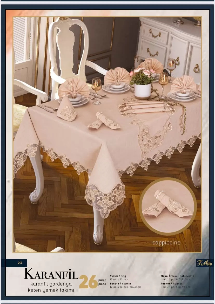 Karanfil Gardenya Keten Kapiçino 12 Kişilik 26 Parça160 × 220 cm Sofra Takımı Runner