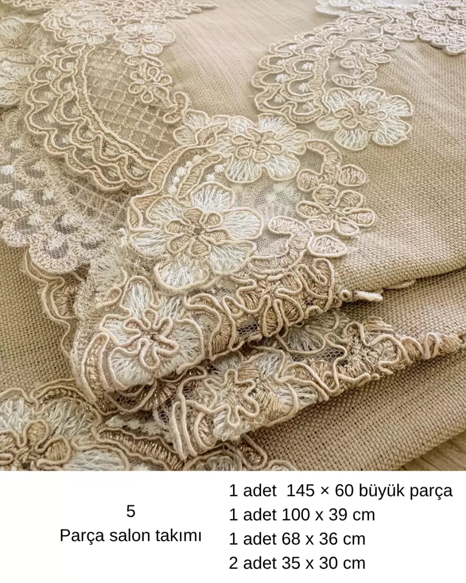 Kapiçino Çeyizlik Firuze Model 5 Parça Keten Dantelli Runner Seti Salon Takımı