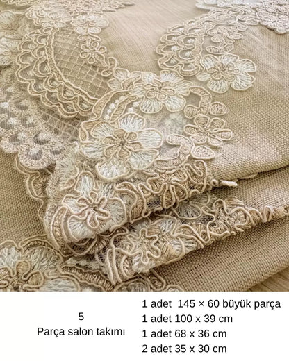 Kapiçino Çeyizlik Firuze Model 5 Parça Keten Dantelli Runner Seti Salon Takımı