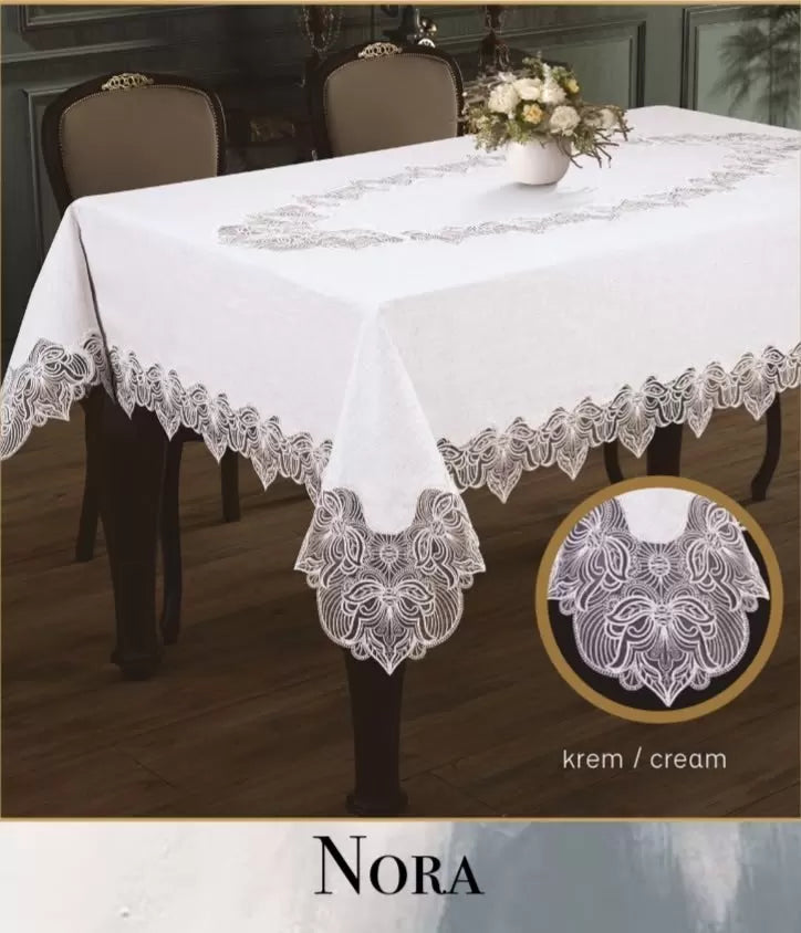Nora Krem-Krem 155x220 cm Keten Masa Örtüsü Modern Yemek Masası Tasarımı