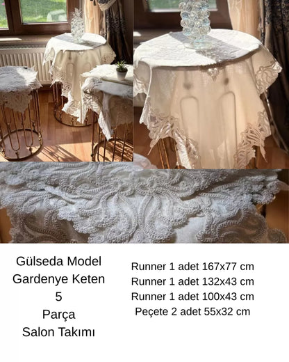 Gülseda Model Krem-Krem 5 Parça Keten Dantelli Runner Seti Zarif Çeyizlik Salon Takımı