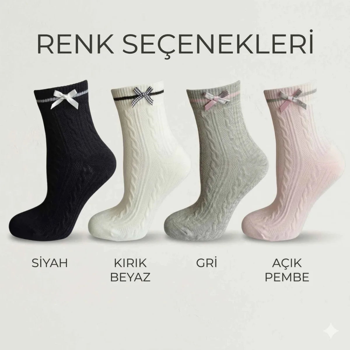 Kadın Fiyonklu Örgü Soket Çorap 4'lü Set - Yumuşak Pamuklu Dokulu Şık Günlük Çorap