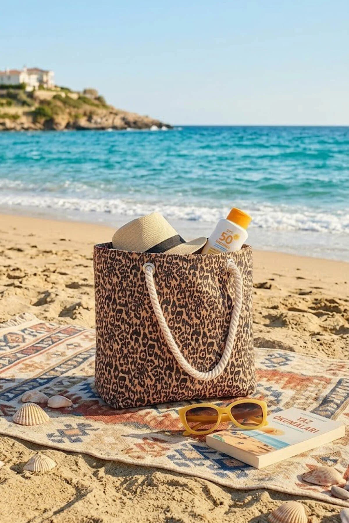 Büyük Boy Plaj Çantası 40×30 cm - Fermuarlı Günlük Omuz, Alışveriş ve Tatil Çantası