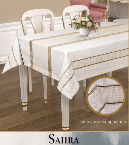Kapiçino Sahra Model 160x220 cm Polyester Ajurlu Keten Tablecloth Şık Yemek Masası