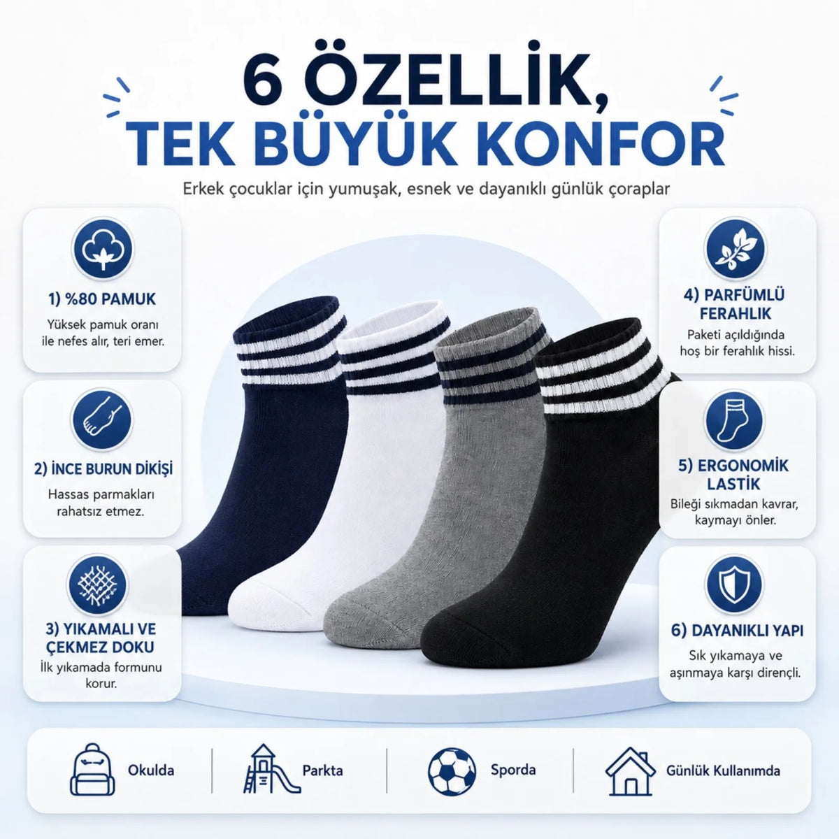 Erkek Çocuk 4'lü Pamuklu Çizgili Patik Çorap Nefes Alan Esnek Günlük Spor Okul Çorabı Rahat ve Dayanıklı