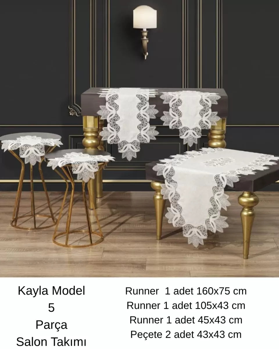 Çeyizlik Kayla Model Krem-Gümüş 5 Parça Keten Dantelli Salon Takımı Runner Seti