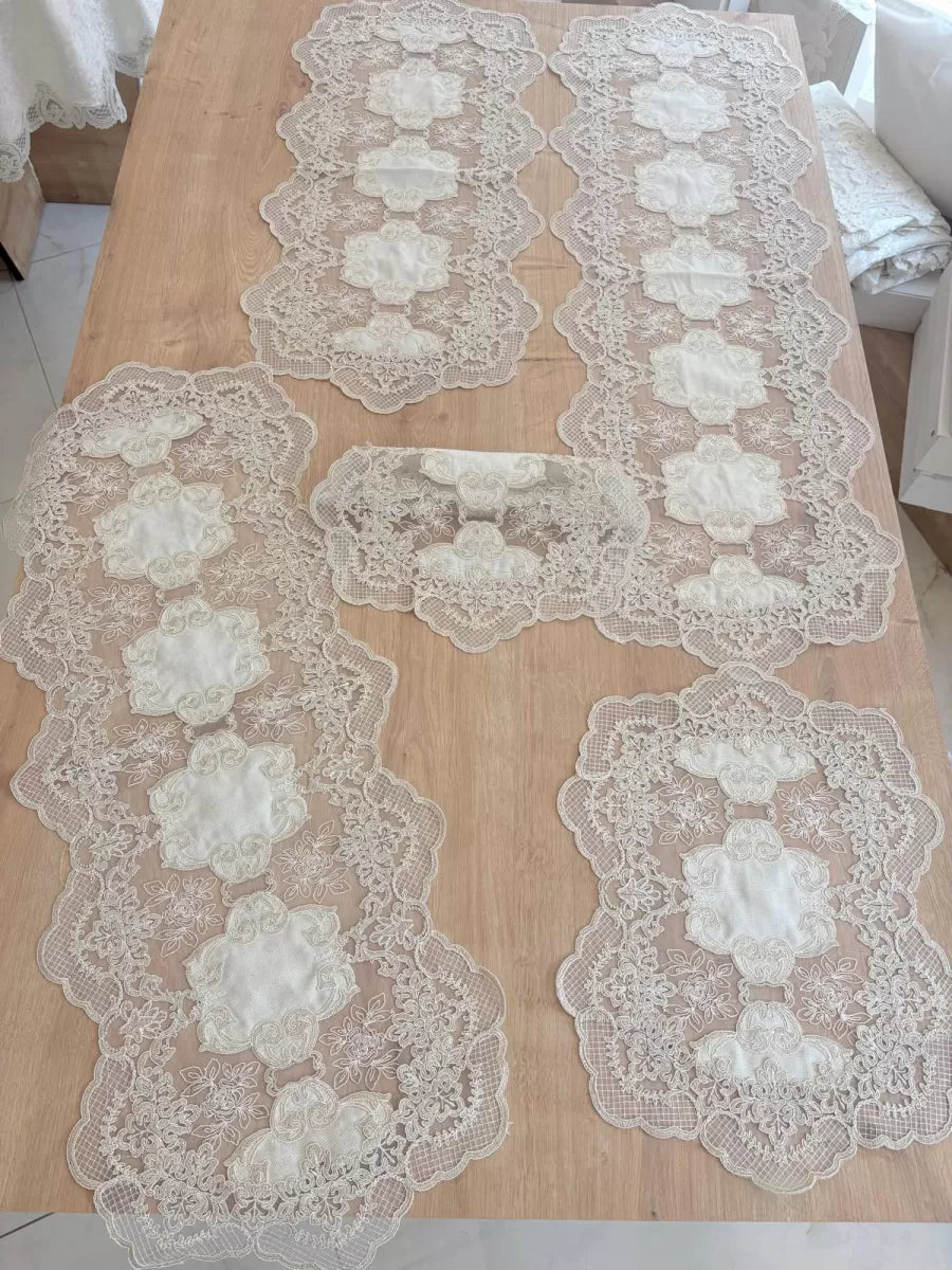 Salon Takımı Çeyizlik Krem Runner Set 5 Parça Keten Ranır Masa Konsol Sehpa Örtüsü Orkide